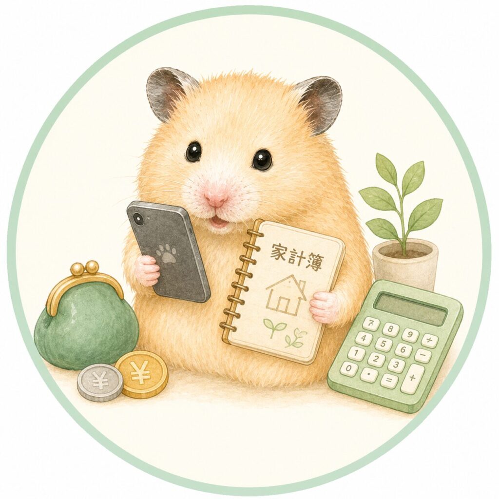 スマホと貯金箱を持つハムスター